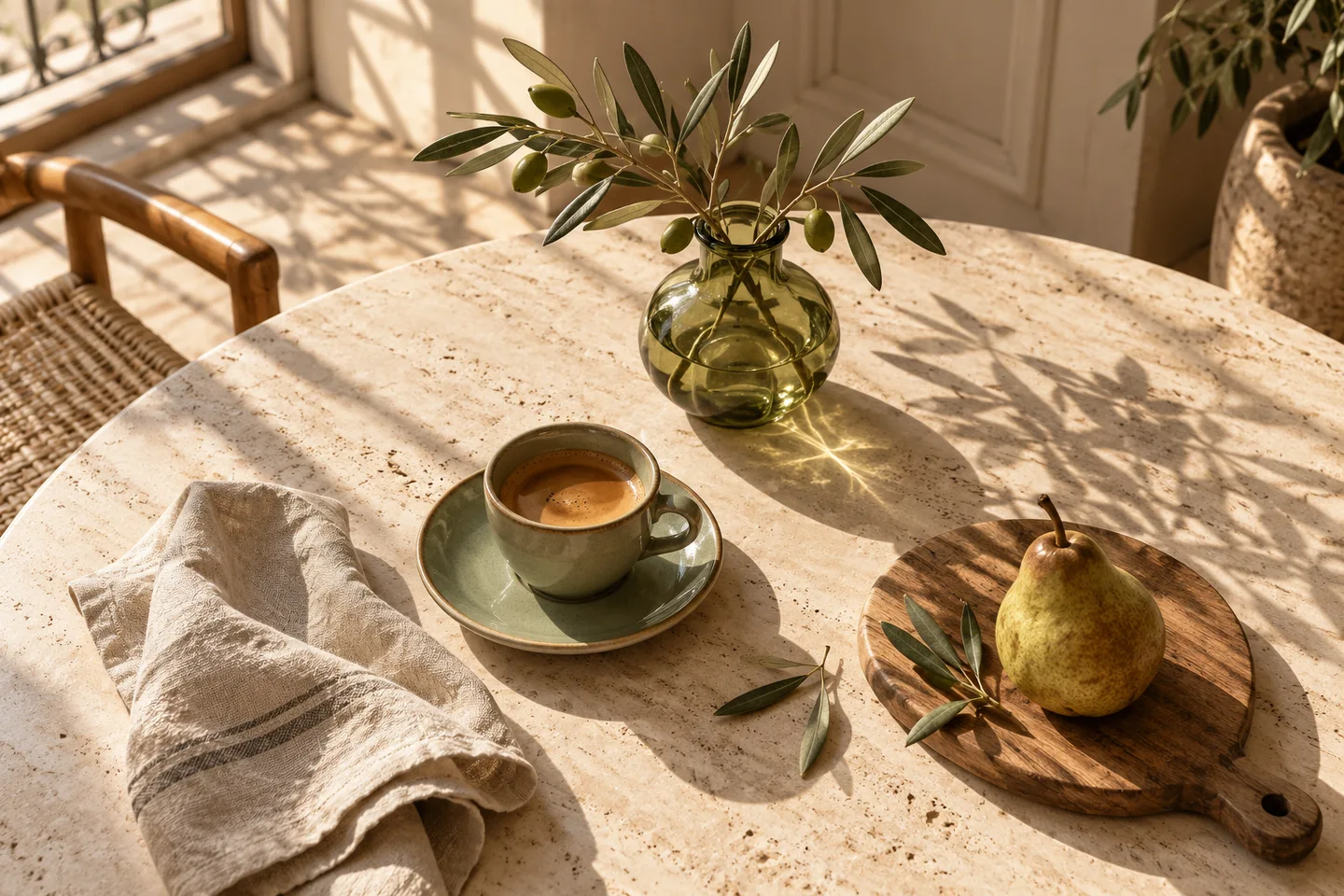 Composition décorative : tasse en céramique, vase et linge de table baignés de soleil